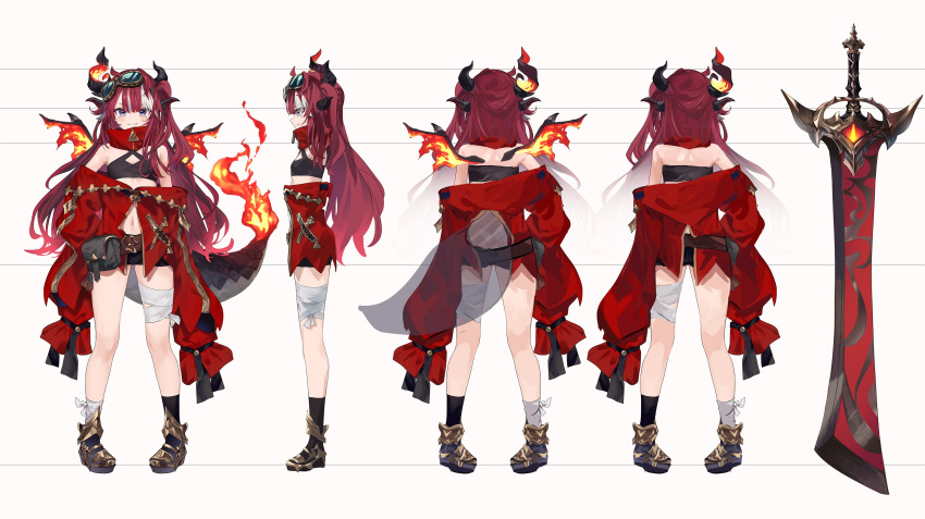 1girl absurdres armored_boots asymmetrical_hair asymmetrical_horns bandages belt_pouch black_shorts black_socks black_tank_top blue_eyes boots breasts choppy_bangs detached_collar dragon_girl dragon_tail dragon_wings fang fiery_wings fire flame-tipped_tail full_body goggles goggles_on_head highres horns huge_weapon leg_wrap long_hair makihitsuji multicolored_hair official_art phase_connect pouch red_hair red_robe reference_sheet robe saya_sairroxs scales shorts side_ponytail sleeves_past_fingers sleeves_past_wrists small_breasts socks sword tail tank_top two-tone_hair very_long_sleeves virtual_youtuber weapon white_hair wings