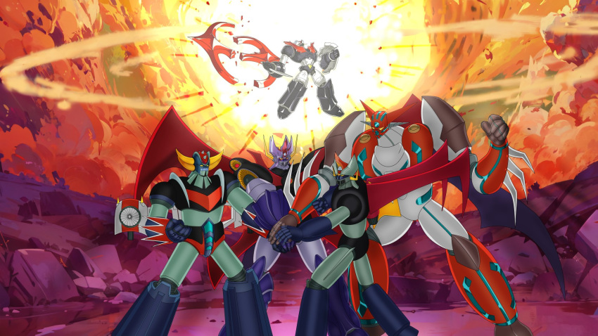 crossover getter_robo grendizer highres horns mazinger_(series) mazinger_z mazinger_z_(mecha) mazinger_zero_(mecha) mazinkaiser mazinkaiser_(robot) mecha no_humans robot shin_getter-1 shin_getter_robo shin_mazinger_zero super_robot_wars type_x ufo_robo_grendizer weapon wings