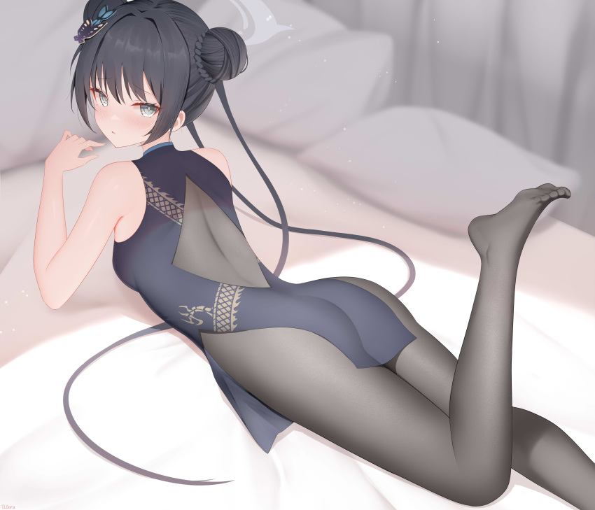 1girl absurdres bed_sheet black_dress black_hair black_pantyhose blue_archive blush breasts butterfly_hair_ornament china_dress chinese_clothes doraski double_bun dragon_print dress grey_eyes grey_halo hair_bun hair_ornament halo highres indoors kisaki_(blue_archive) long_hair lying on_stomach pantyhose parted_lips pillow signature sleeveless sleeveless_dress small_breasts solo twintails