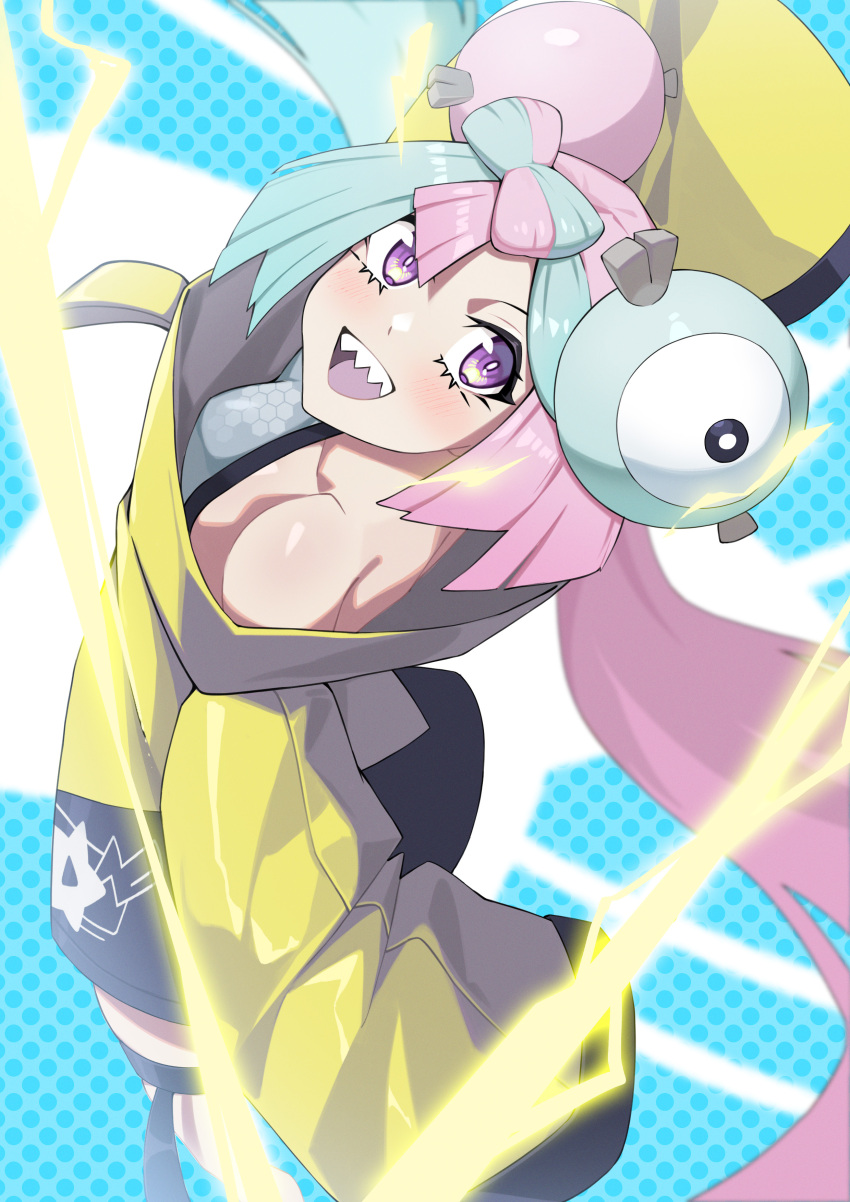 1girl :d absurdres bow-shaped_hair bright_pupils character_hair_ornament commentary_request electricity eyelashes green_hair grey_shirt hair_ornament happy highres iono_(pokemon) jacket looking_at_viewer multicolored_hair open_mouth pink_hair pokemon pokemon_sv purple_eyes shirt sleeveless sleeveless_shirt smile solo teeth thigh_strap tongue two-tone_hair upper_teeth_only white_pupils yellow_jacket yitiaoyuwe