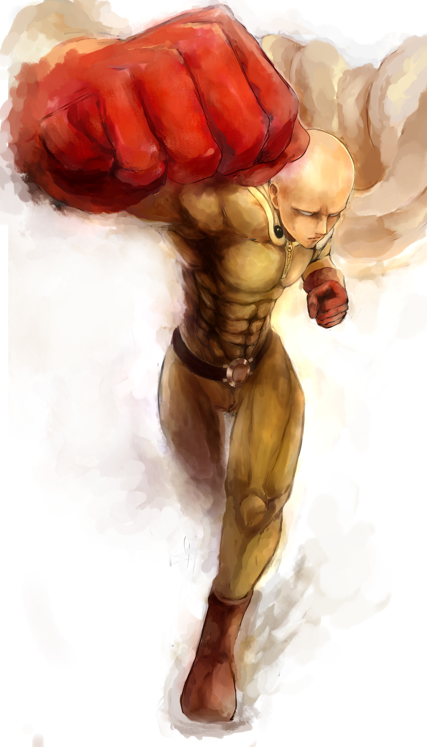 abs absurdres bald belt belt_buckle bodysuit boots buckle cape clenched_hands foreshortening full_body gloves highres incoming_punch male_focus manly no_pupils one-punch_man punching red_gloves saitama_(one-punch_man) skin_tight solo superhero yellow_bodysuit yoziman