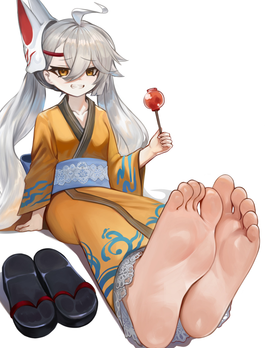 1girl ahoge barefoot dokomon feet foot_focus girls'_frontline grin hair_between_eyes highres japanese_clothes kimono long_hair mask mask_on_head pkp_(girls'_frontline) sandals simple_background smile soles toes twintails unworn_sandals white_background yellow_eyes yukata