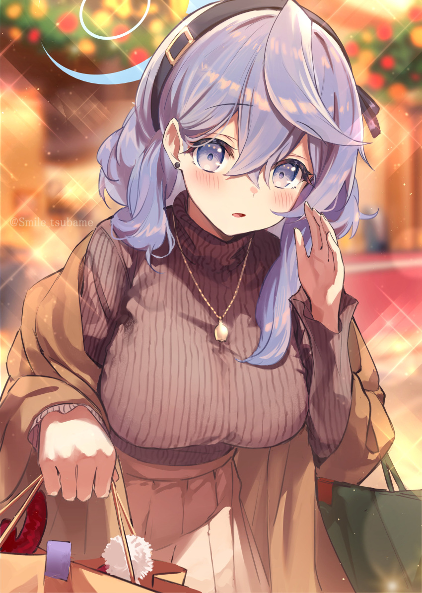 1girl absurdres ako_(blue_archive) alternate_costume bag black_hairband black_sweater blue_archive blue_eyes blue_hair blue_halo blush breasts hair_between_eyes hairband halo highres holding holding_bag jewelry large_breasts long_hair long_sleeves looking_at_viewer open_mouth pendant pleated_skirt ribbed_sweater skirt solo sweater tsubameno twitter_username white_skirt