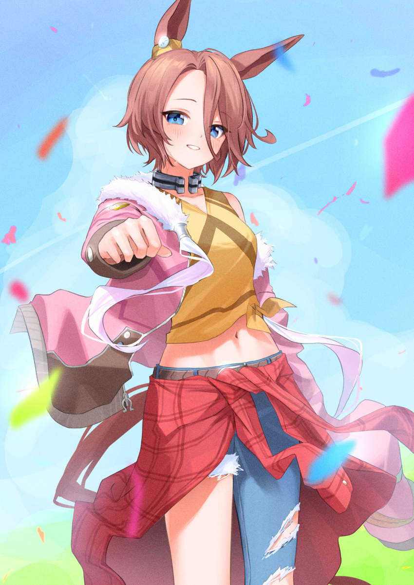 1girl animal_ears blue_eyes brown_hair clothes_around_waist commentary_request cowboy_shot denim highres horse_ears horse_girl horse_tail jacket jacket_around_waist jeans katuko_deluxe looking_at_viewer midriff narita_taishin_(umamusume) navel open_clothes open_jacket pants pink_jacket shirt short_hair solo tail tied_shirt torn_clothes torn_jeans torn_pants umamusume yellow_shirt