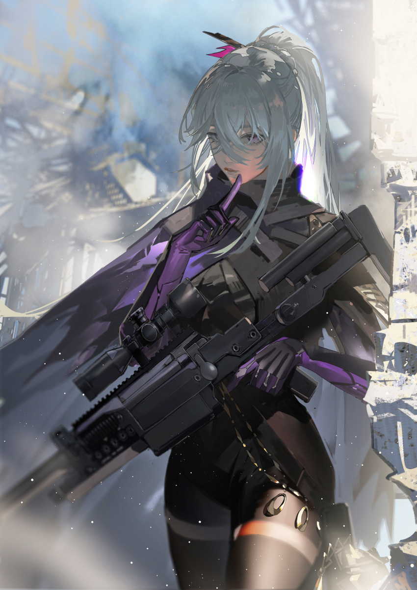 1girl absurdres anti-materiel_rifle black_thighhighs bodysuit cowboy_shot girls'_frontline girls'_frontline_2:_exilium grey_hair gun hair_between_eyes highres holding holding_gun holding_weapon long_hair nemesis_(girls'_frontline_2) om_50_nemesis parted_lips ponytail purple_eyes rifle shuangbatian sniper_rifle solo thighhighs weapon