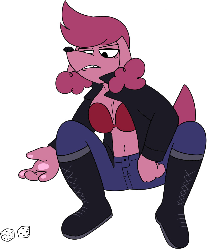 2019 4_fingers absurd_res anthro big_breasts biped black_boots black_clothing black_eyebrows black_eyelashes black_eyes black_footwear black_jacket black_nose black_topwear blue_bottomwear blue_clothing blue_jeans blue_pants boots bottomwear bra breasts canid canine canis chokovit_(artist) cleavage clothed clothing colored crouching d6 denim denim_bottomwear denim_clothing dice dice_roll digital_drawing_(artwork) digital_media_(artwork) dog_tail domestic_dog ear_tuft eyebrows female female_anthro fingers floppy_ears footwear full-length_portrait fur hair hi_res jacket jeans leather leather_clothing leather_jacket leather_topwear looking_down mammal narrowed_eyes navel open_clothing open_jacket open_mouth open_topwear pants partially_clothed partially_clothed_anthro partially_clothed_female pawpads pink_body pink_ears pink_fur pink_hair pink_pawpads pink_tail pink_tuft poodle popped_collar portrait punk red_bra red_clothing red_underwear shirtless shirtless_anthro shirtless_female simple_background sneer solo tail teeth topwear tuft underwear white_background