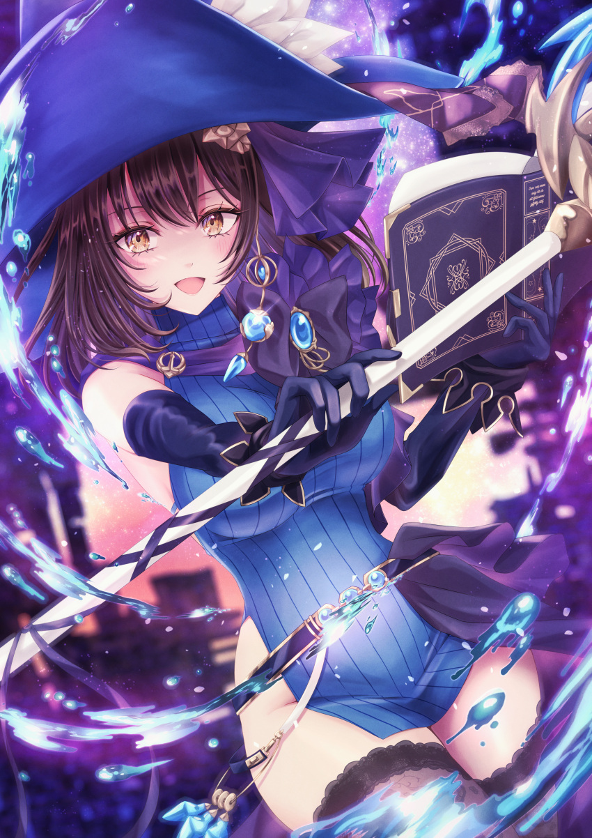 1girl absurdres allymidorikawa bare_shoulders black_thighhighs book breasts brown_dust_2 brown_eyes brown_hair dress elbow_gloves feet_out_of_frame flower gem gloves grimoire groin hair_ornament hair_ribbon hat hat_flower highres holding holding_book holding_staff hydrokinesis jewelry looking_at_viewer medium_breasts medium_hair neck_ribbon no_panties open_mouth pelvic_curtain reflection ribbon scheherazade_(brown_dust) staff strapless strapless_dress thighhighs turtleneck_dress water witch witch_hat