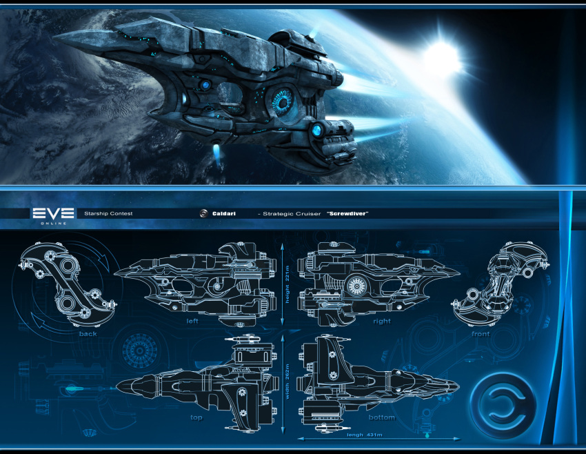 3d blue_theme blueprint_(medium) caldari_state_(eve_online) cannon capp007 cloud commentary concept_art copyright_name cruiser_(eve_online) emblem energy_cannon english_text eve_online flying from_side glowing highres in_orbit letterboxed logo military_vehicle multiple_views no_humans ocean original outdoors planet reference_sheet science_fiction space spacecraft star_(sky) strategic_cruiser_(eve_online) tech_3_ship_(eve_online) thrusters vehicle_focus vernier_thrusters