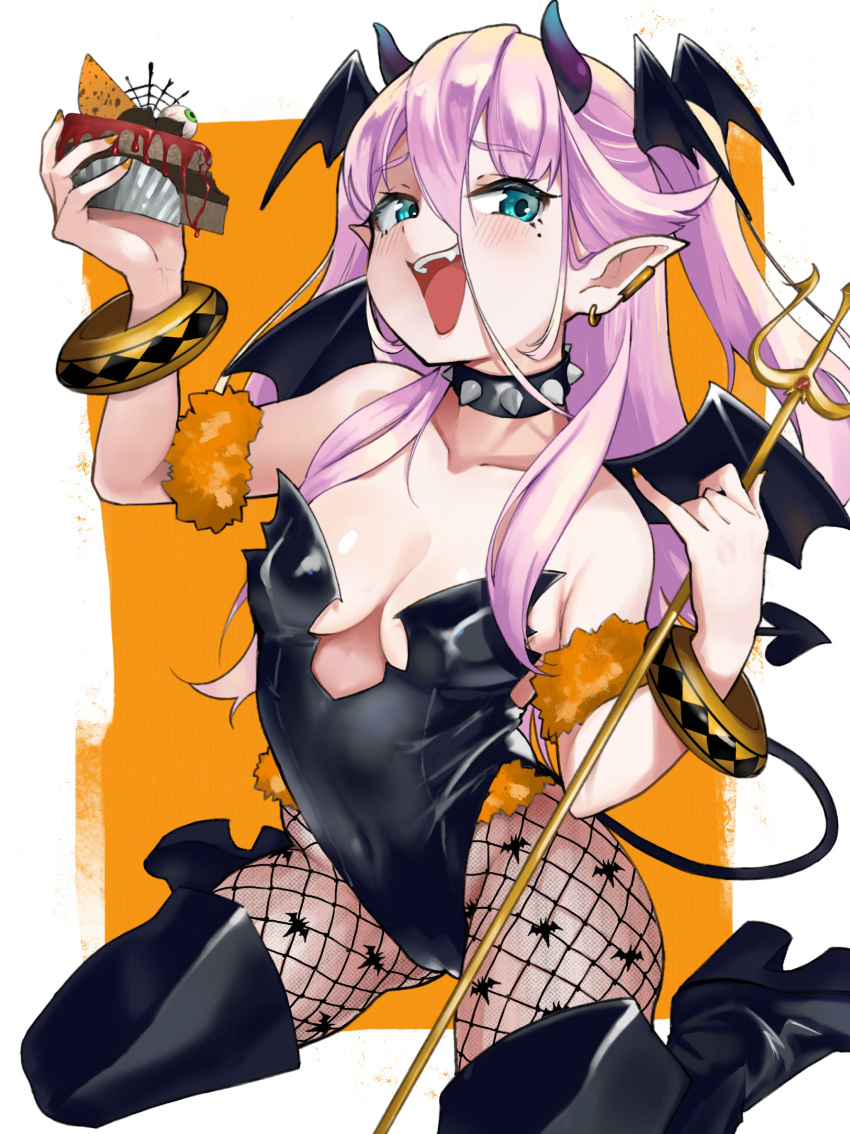 1girl absurdres bangle blue_eyes blush boots bracelet breasts cake cake_slice cameltoe collar covered_navel demon_girl demon_horns demon_tail demon_wings ear_piercing earrings eyeball fang fishnet_pantyhose fishnets food fur_armlet halloween head_wings highres hiromusan holding holding_food holding_pitchfork horns jewelry leotard long_hair looking_at_viewer medium_breasts mole mole_under_eye multiple_piercings open_mouth original pantyhose piercing pink_hair pinky_out pitchfork pointy_ears sitting smile solo spiked_collar spikes strapless strapless_leotard tail thigh_boots two_side_up very_long_hair wariza wings