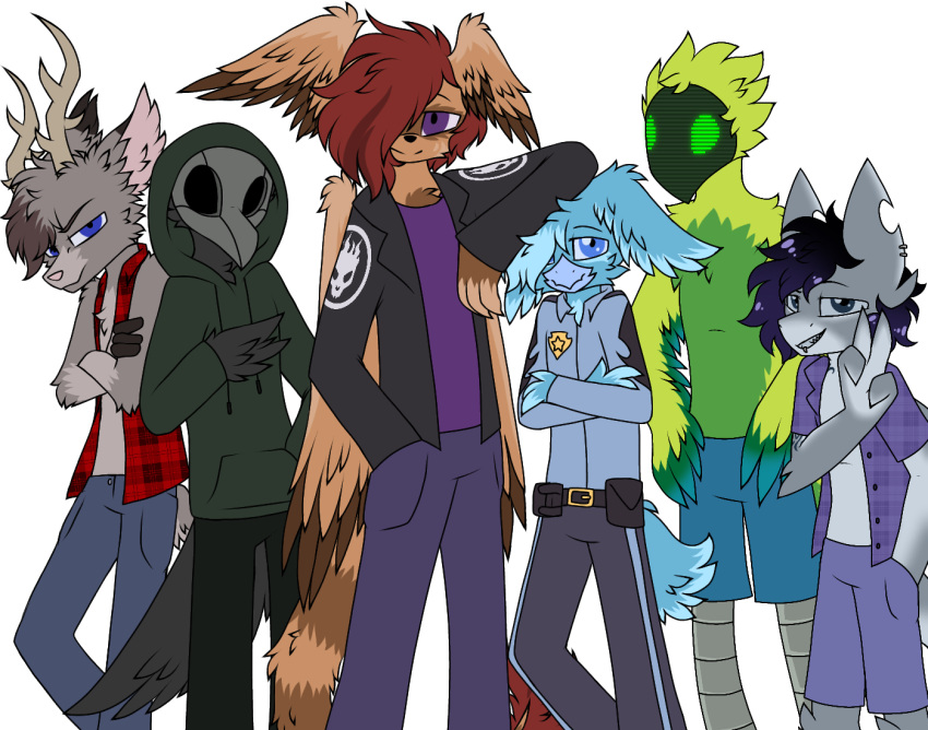 2021 a-vin_(pegacousin animal_mask anthro avian band_logo beak_mask bird black_body black_fur blu_berry_(pegacousin) blue_body blue_bottomwear blue_clothing blue_eyes blue_fur blue_shorts bottomwear canid canine checkered_clothing checkered_shirt checkered_topwear clothing covered_eyes cybernetic_leg cybernetic_limb cybernetics cyborg deer female fish fox fur green_body green_clothing green_eyes green_fur green_hoodie green_topwear grey_body grey_fur group hoodie jacket jaw_breaker_(pegacousin) light_breaker_(pegacousin) machine male mammal marine mask model_sheet pattern_clothing pattern_shirt pattern_topwear pegacousin plague_doctor police_badge police_uniform purple_eyes shadow_(pegacousin) shark shirt shirtless shorts striped_body striped_fur stripes tan_body tan_fur the_offspring topwear uniform