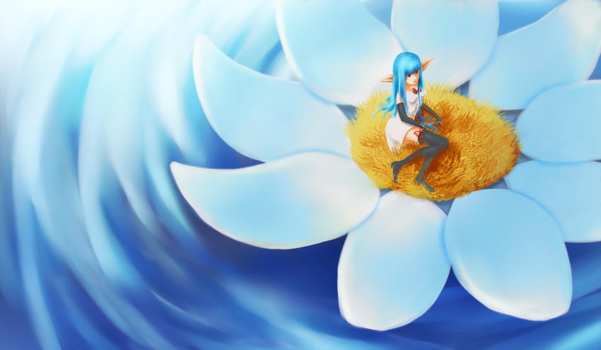 1girl blue_hair dekus dress fairy flower long_hair lying thighhighs water