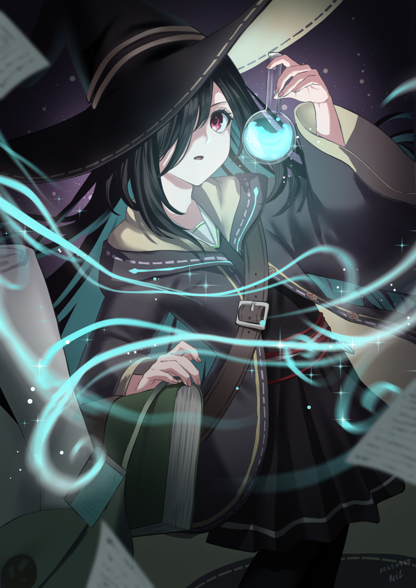 1girl absurdres bag beaker black_hair book cloak hair_over_one_eye hat heaven_burns_red highres holding_beaker long_hair long_sleeves magic nil_(pixiv_53614557) open_mouth pantyhose pleated_skirt potion purple_eyes school_uniform serafuku shoulder_bag skirt solo sparkle tenne_miko wide_sleeves witch witch_hat