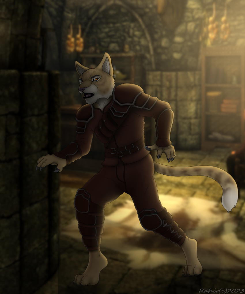 anthro armor bethesda_softworks digital_media_(artwork) domestic_cat felid feline felis furry hi_res invalid_tag khajiit leather male mammal skyrim sneaking stealth the_elder_scrolls thief