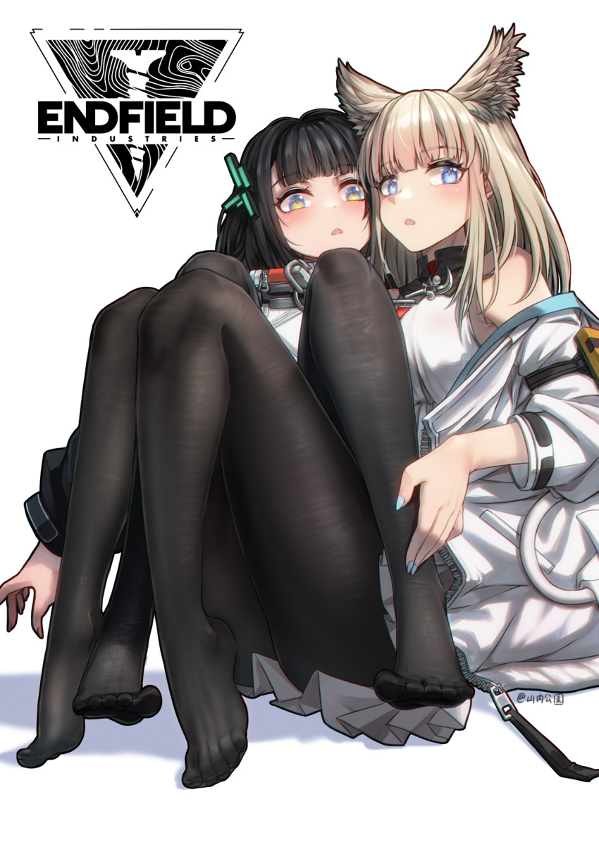 2girls :o animal_ear_fluff animal_ears arknights arknights:_endfield arm_strap armpit_crease bare_shoulders black_hair black_pantyhose black_sleeves blue_eyes blue_nails blunt_bangs blush breasts commentary_request copyright_name covered_nipples dress endministrator_(arknights) extra_ears eyelashes feet female_endministrator_(arknights) fingernails flustered foot_focus from_side full-length_zipper full_body hair_flowing_over hair_ornament hairclip hand_on_another's_leg high_collar highres invisible_floor jacket knees knees_together_feet_apart knees_up legs light_brown_hair logo long_fingernails long_hair long_sleeves looking_at_viewer looking_to_the_side medium_breasts multicolored_eyes multiple_girls nail_polish no_shoes off_shoulder open_clothes open_jacket open_mouth orange_nails orange_pupils pantyhose perlica_(arknights) pleated_dress pocket puffy_long_sleeves puffy_sleeves ribbed_sweater see-through see-through_legwear shadow shiny_skin short_dress short_hair sidelocks simple_background sitting sleeveless sleeveless_dress soles straight_hair sweater thighs toenails toes toes_up two-tone_eyes variant_set white_background white_dress white_jacket white_sweater wide_sleeves yamauchi_(conan-comy) yellow_eyes yuri zipper zipper_pull_tab
