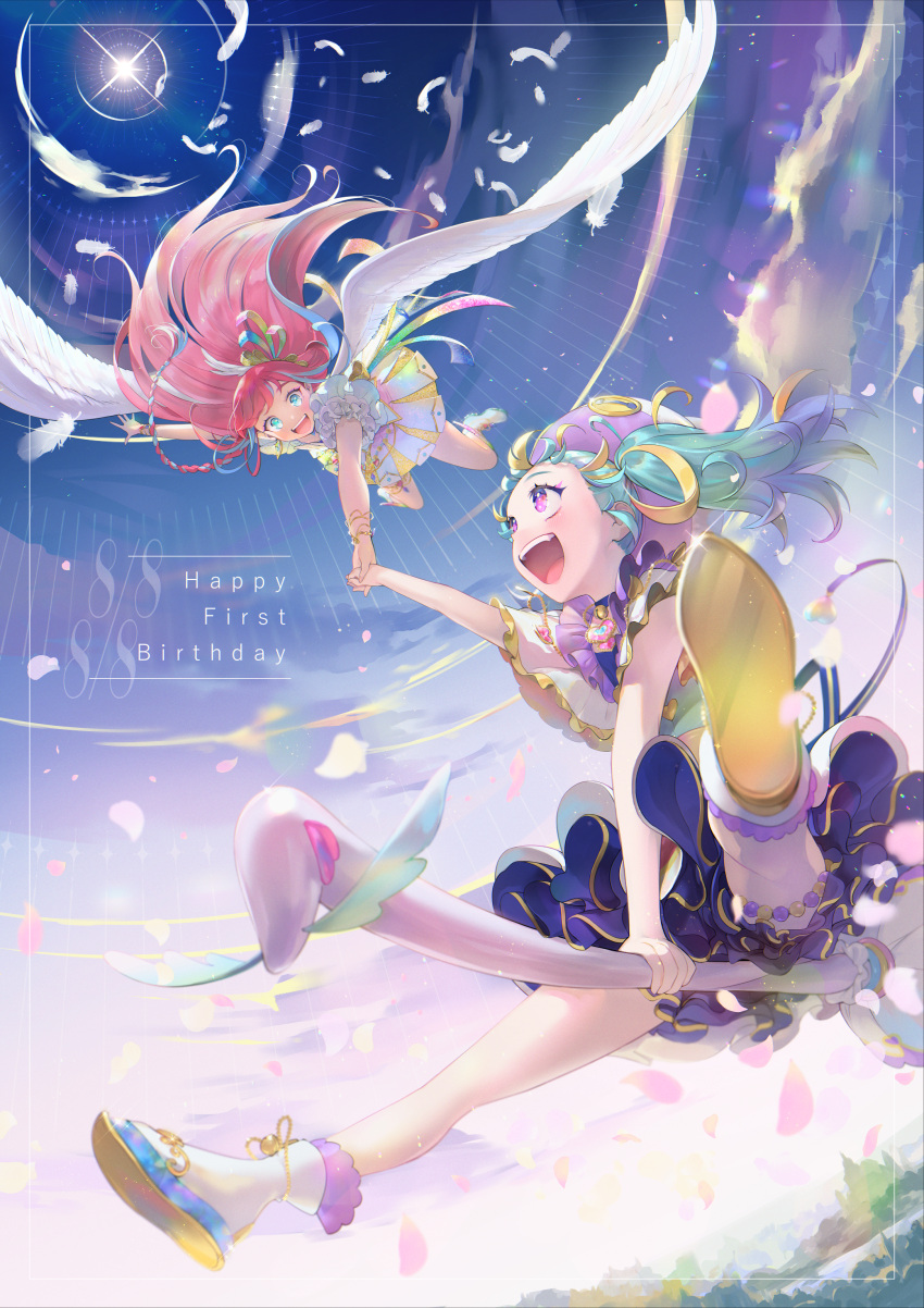 2girls :d absurdres ahoge blonde_hair blue_eyes blue_hair blue_skirt blue_sky bracelet braid broom broom_riding capelet cloud commentary_request dress feathered_wings feathers floating_hair flying frilled_skirt frills happy_birthday hat hibino_matsuri hibino_matsuri_(primagista) highres holding_hands jewelry long_hair looking_at_another looking_up multicolored_hair multiple_girls myamu open_mouth oshiri_(o4ritarou) outdoors pink_hair pretty_series puffy_short_sleeves puffy_sleeves purple_eyes shoe_soles shoes short_sleeves side_braid sitting skirt sky smile streaked_hair thigh_strap twintails very_long_hair waccha_primagi! white_capelet white_dress white_feathers white_footwear white_wings wings