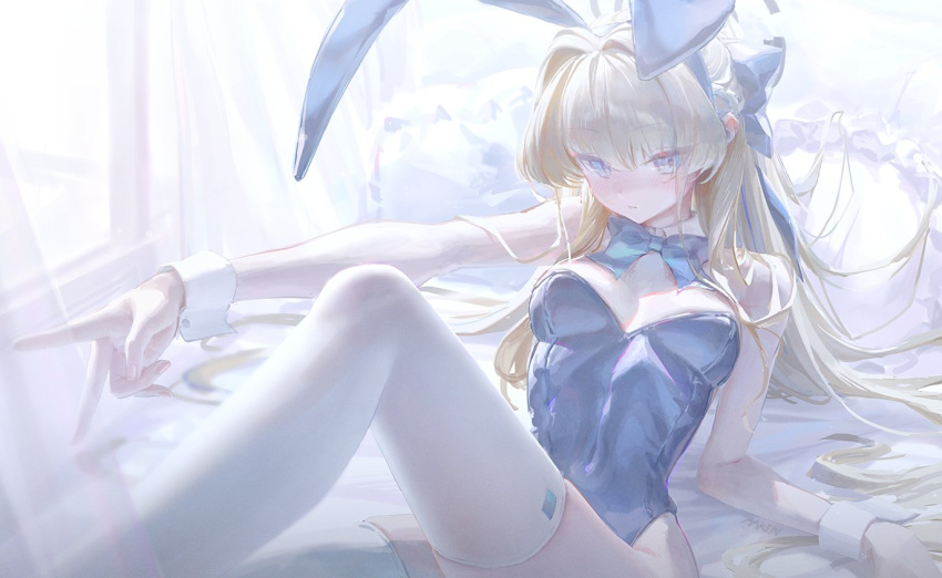 1girl aakin5349 animal_ears blonde_hair blue_archive blue_bow blue_bowtie blue_eyes blue_leotard blush bow bowtie breasts closed_mouth disembodied_limb fake_animal_ears leotard long_hair medium_breasts official_alternate_costume rabbit_ears solo strapless strapless_leotard toki_(blue_archive) toki_(bunny)_(blue_archive)