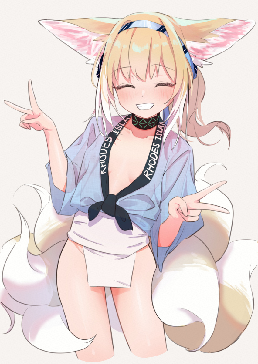 1girl alternate_costume animal_ear_fluff animal_ears arknights blonde_hair blue_hairband breasts center_opening closed_eyes cowboy_shot double_v fox_ears fox_girl fox_tail front-tie_top fundoshi hairband headband highres japanese_clothes kitsune kyuubi multicolored_hair multiple_tails nipples see-through shirt simple_background small_breasts smile suzuran_(arknights) tail tied_shirt v white_hair yakurope-moko yamakasa