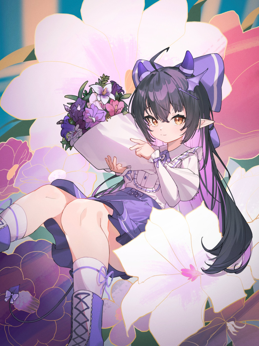 1girl absurdres ahoge black_hair boots bouquet bow brown_eyes closed_mouth colored_inner_hair floating flower frills hair_between_eyes hair_bow hair_ornament highres holding holding_bouquet horns knees_together_feet_apart long_hair long_sleeves looking_at_viewer mosou_keito multicolored_hair original pink_flower pointy_ears purple_bow purple_flower purple_footwear purple_hair purple_skirt shirt sitting skirt socks solo tail two-tone_hair white_shirt white_socks