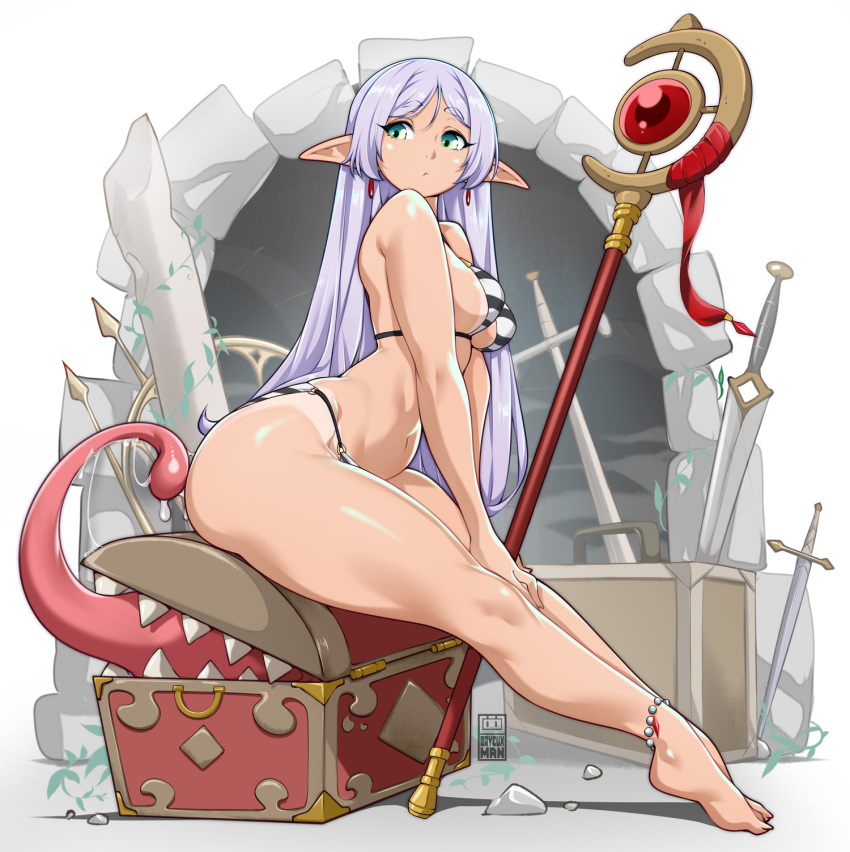 ambiguous_gender bayeuxman bikini biped breasts butt_lick clothed clothing elf female female/ambiguous frieren frieren_beyond_journey's_end hair hi_res humanoid licking mimic not_furry pupils sitting swimwear tongue tongue_out