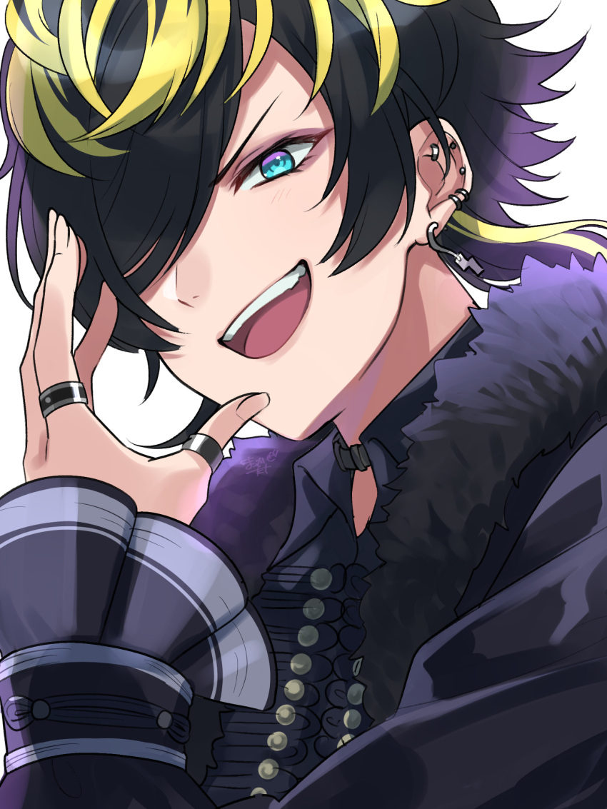 1boy aimono_jyushi black_hair blonde_hair blue_eyes choker collared_shirt earrings fur_collar hair_over_one_eye hand_up highres hypnosis_mic jewelry kishinaito long_sleeves looking_at_viewer male_focus multicolored_hair multiple_piercings multiple_rings open_mouth ring shirt short_hair smile solo upper_body v-shaped_eyebrows