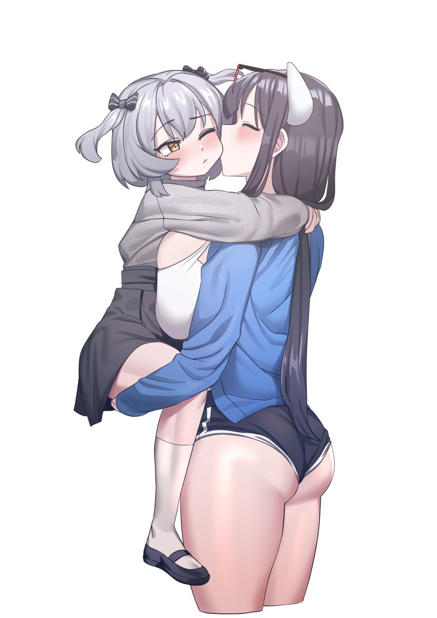 1boy 1girl absurdres arms_around_neck ass black_bow black_footwear black_hair black_shorts black_skirt blue_jacket blush bow breast_press breasts closed_mouth cropped_legs eyewear_on_head grey_hair hair_bow hetero highres horns howcow_(vtuber) huge_breasts indie_virtual_youtuber jacket lifting_person long_hair one_eye_closed otoko_no_ko otonashi_(otonashi5959) shoes shorts simple_background skirt socks tongkkangi tongkkangi_(streamer) white_background white_horns white_socks yellow_eyes