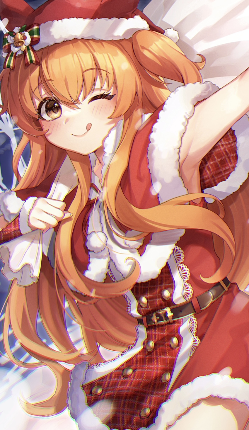 1girl alternate_costume armpits belt blush chan_hone_pkpk hair_between_eyes hair_ornament hat highres holding holding_sack horse_girl long_hair looking_at_viewer mayano_top_gun_(umamusume) one_eye_closed orange_hair sack santa_costume santa_hat snow solo umamusume