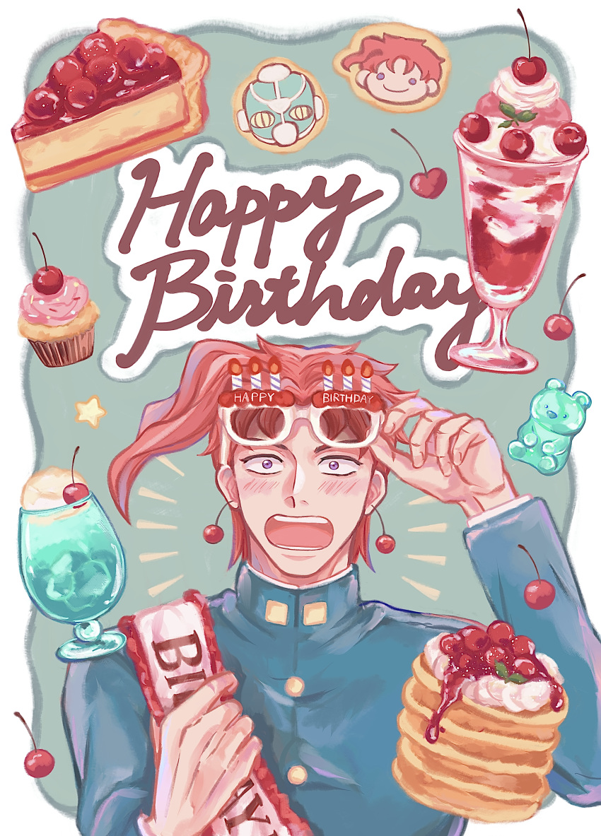 1boy absurdres adjusting_eyewear blush border cherry cherry_earrings cherry_pie constricted_pupils cookie cream cream_soda cup cupcake drinking_glass earrings eyewear_on_head food food-themed_earrings fruit garnish green_background green_gakuran green_jacket gummy_bear happy_birthday hierophant_green highres ice ice_cream ice_cream_float ice_cube jacket jewelry jojo_no_kimyou_na_bouken kakyoin_noriaki long_sleeves male_focus melon_soda notice_lines open_mouth outside_border pancake pancake_stack parted_bangs pie pie_slice purple_eyes red_hair remiii_888 sash short_hair shoulder_sash solo star_(symbol) stardust_crusaders sundae upper_body whipped_cream white-framed_eyewear white_border white_sash