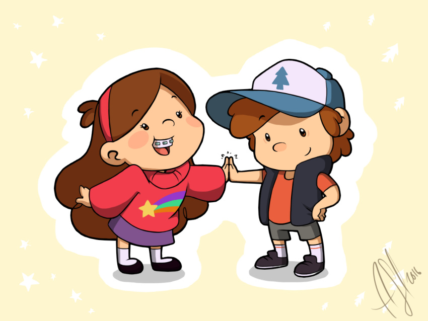 1boy 1girl :d arm_up blush_stickers braces brother_and_sister brown_hair chibi dated dipper_pines full_body gravity_falls hand_on_own_hip hat high_five hintojin leaning_forward long_hair long_sleeves mabel_pines open_mouth outline pink_sweater shadow shorts siblings signature simple_background smile standing star_(symbol) star_print sweater teeth upper_teeth_only white_outline