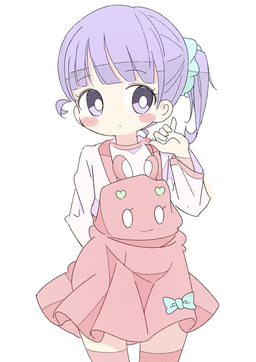 1girl arm_behind_back blue_bow blue_scrunchie blunt_bangs bow closed_mouth commentary_request dress hair_ornament hair_scrunchie hand_up highres long_sleeves looking_at_viewer manaka_non pinafore_dress pink_dress pink_thighhighs pretty_series pripara purple_eyes purple_hair ranirani_(syohousen8) scrunchie short_hair side_ponytail simple_background sleeveless sleeveless_dress solo sweater thighhighs white_background white_sweater