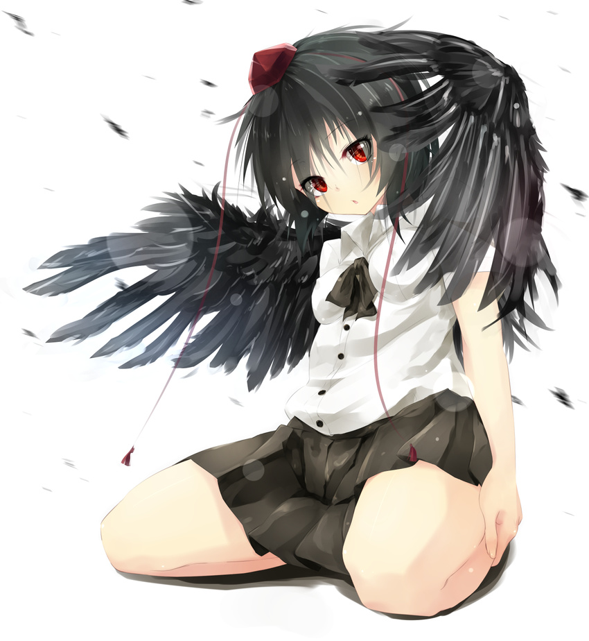 bird_wings black_hair black_wings feathers gorilla_(bun0615) hat hat_ribbon highres looking_at_viewer puffy_short_sleeves puffy_sleeves red_eyes ribbon seiza shameimaru_aya shirt short_sleeves sitting skirt solo tokin_hat touhou wind wings