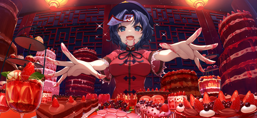 1girl :d black_ribbon blue_eyes blue_hair blue_headwear blush cake cake_slice cake_stand chinese_clothes chocolate_fountain cinnamon_roll cupcake food fruit gelatin grapes hat ice_cream indoors jacket jiangshi juice lantern leaf macaron miyako_yoshika neck_ribbon niwatori_(satoru0201) non-web_source official_art open_mouth outstretched_arms paper_lantern red_jacket ribbon second-party_source sharp_teeth short_hair smile solo sparkle strawberry tangzhuang teeth tongue touhou touhou_gensou_eclipse upper_teeth_only