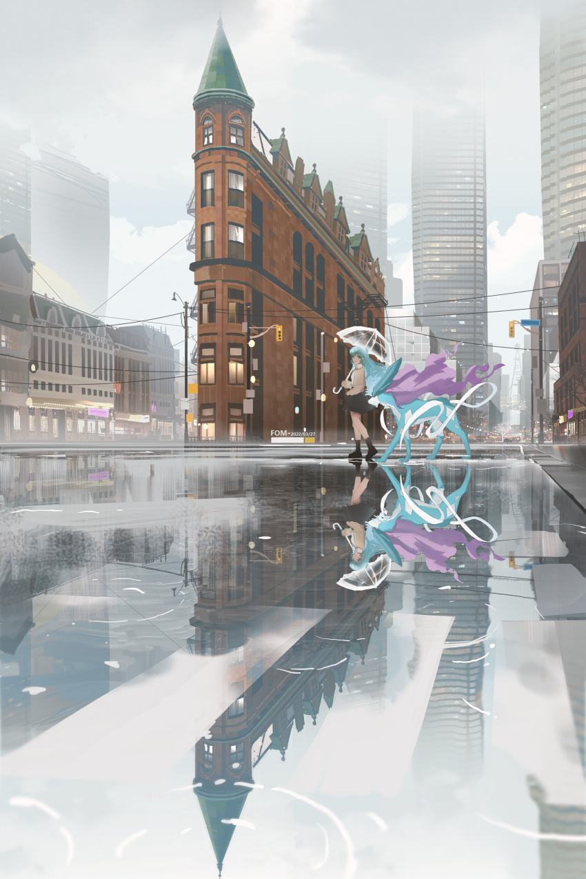 1girl absurdres aqua_hair building cityscape crosswalk fom_(lifotai) highres long_hair miniskirt overcast pokemon pokemon_(creature) rain reflection reflective_water scenery skirt sky suicune transparent transparent_umbrella umbrella