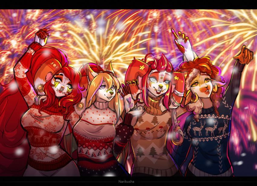 anthro christmas clothing female fireworks group hair holidays horn kaijukuma narikusha red_hair sweater topwear