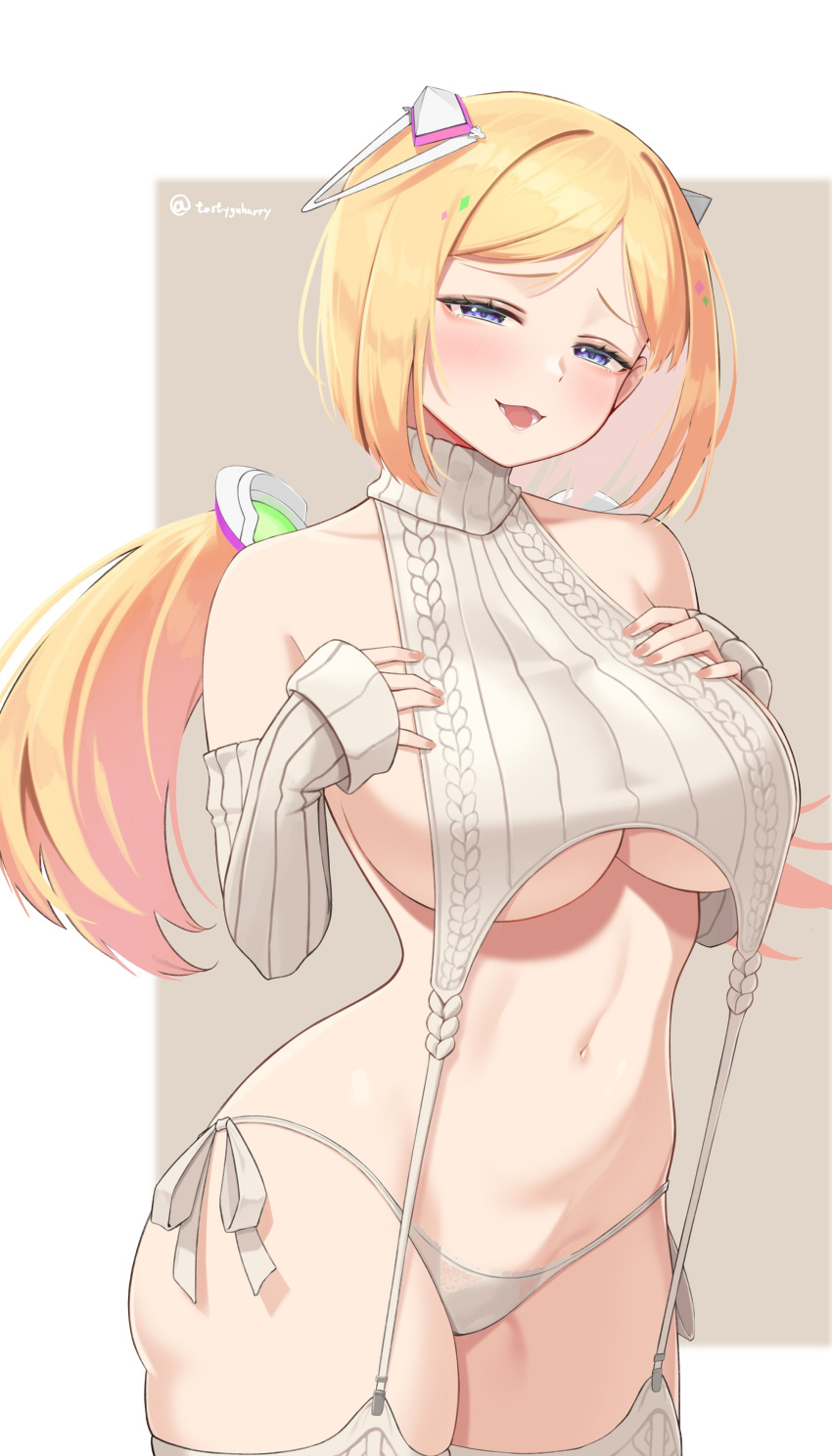 1girl absurdres aki_rosenthal aran_legwear bare_shoulders blonde_hair blush bob_cut breasts cable_knit cowboy_shot detached_hair garter_straps half-closed_eyes hands_on_own_chest harry_(dudwofla) headgear highres hololive large_breasts long_hair long_sleeves looking_at_viewer low_twintails meme_attire naughty_face navel open_mouth panties parted_bangs pink_nails ribbed_legwear ribbed_sleeves ribbed_sweater short_hair side-tie_panties sideboob sleeveless sleeveless_sweater sleeveless_turtleneck sleeves_past_wrists smile solo stomach string_panties sweater thighhighs turtleneck turtleneck_sweater twintails underboob underwear virgin_destroyer_sweater virtual_youtuber white_panties white_sweater white_thighhighs