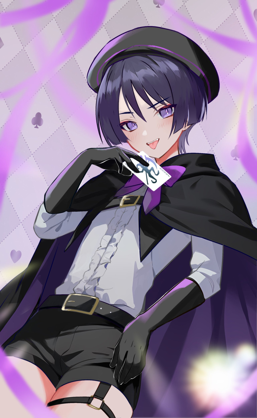 1boy absurdres alternate_costume belt beret black_cape black_gloves black_headwear black_shorts black_sleeves cape card genshin_impact gloves hair_between_eyes hat highres holding holding_card male_focus purple_eyes purple_hair rrr_gns_(riuriu_1212) scaramouche_(genshin_impact) shirt short_hair shorts simple_background smile solo tongue tongue_out white_shirt