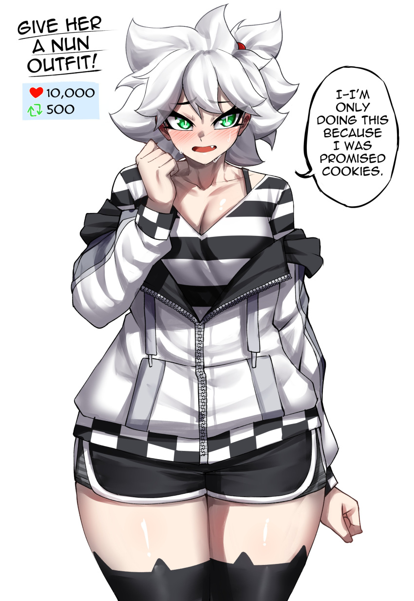 1girl absurdres black_thighhighs blush breasts cleavage english_text fang green_eyes highres jacket large_breasts looking_at_viewer open_mouth original rageman709 shirt short_hair solo speech_bubble striped striped_shirt sweat thighhighs white_hair white_jacket zipper