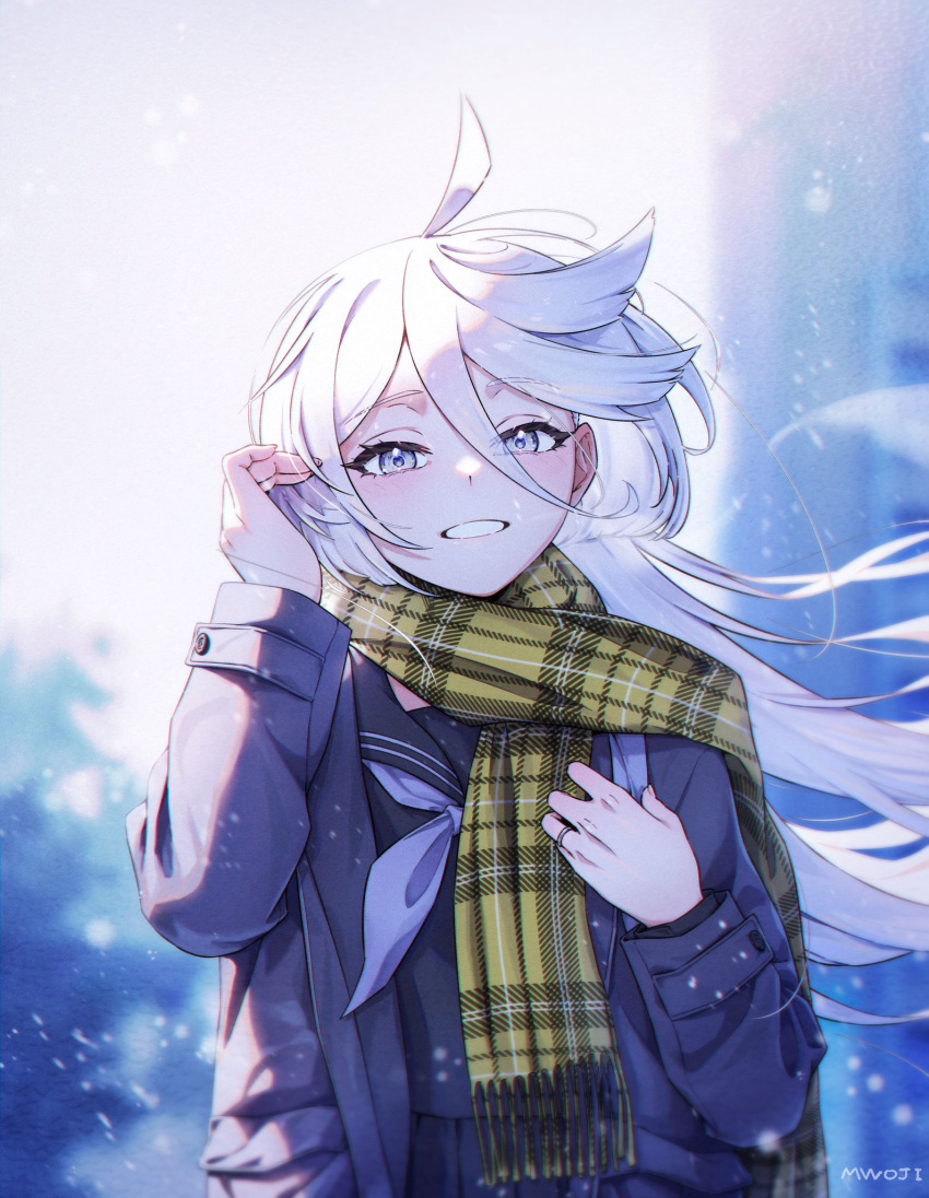 1girl ahoge asticassia_school_uniform blush grey_eyes gundam gundam_suisei_no_majo highres jacket long_hair looking_at_viewer miorine_rembran mwoji scarf school_uniform solo white_hair winter_clothes