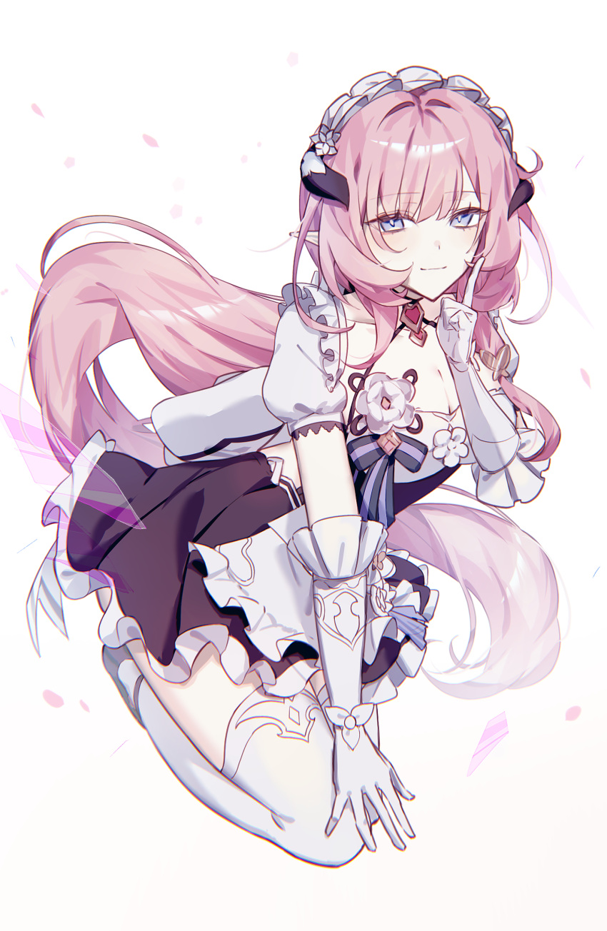 1girl black_skirt blue_eyes breasts cleavage commentary_request elysia_(honkai_impact) gloves highres honkai_(series) honkai_impact_3rd horns index_finger_raised karamaru626 long_hair looking_at_viewer maid_headdress miniskirt pink_hair pointy_ears puffy_short_sleeves puffy_sleeves seiza short_sleeves simple_background sitting skirt solo thighhighs very_long_hair white_background white_gloves white_thighhighs