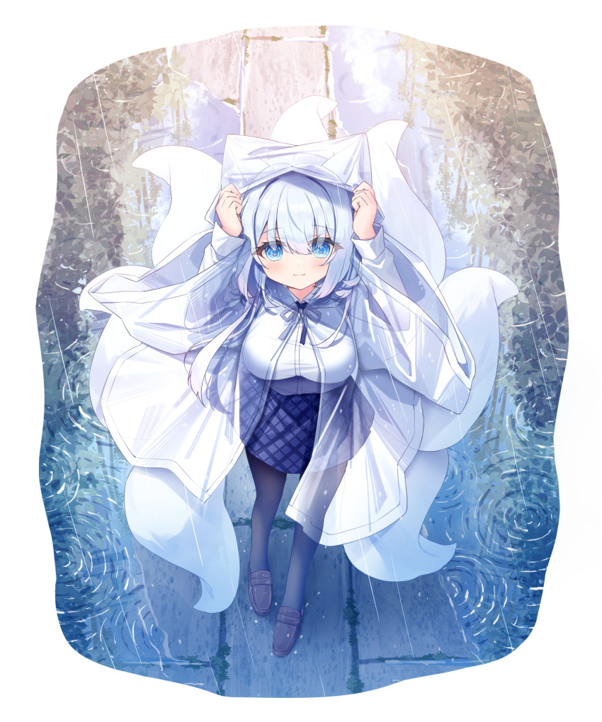 1girl animal_ear_fluff animal_ears arms_up black_pantyhose blue_eyes blue_ribbon blue_skirt breasts brown_footwear closed_mouth collared_shirt commentary_request dress_shirt fox_ears fox_tail from_above grey_hair highres jacket kitsune large_breasts loafers long_sleeves neck_ribbon open_clothes open_jacket original outdoors pantyhose plaid plaid_skirt rain ribbon satsuki_yukimi see-through shirt shoes skirt solo standing tail white_shirt wide_sleeves