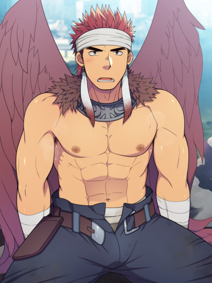 1boy abs armpit_hair bara belt blue_pants brown_belt brown_eyes canopus_wolph earrings feather_earrings feathered_wings feathers headband highres hikalunatique jewelry long_hair looking_at_viewer male_focus muscular muscular_male nipples open_fly open_mouth outdoors pants pectorals red_hair sitting solo sweat sweatdrop tactics_ogre thick_eyebrows topless_male white_headband wings