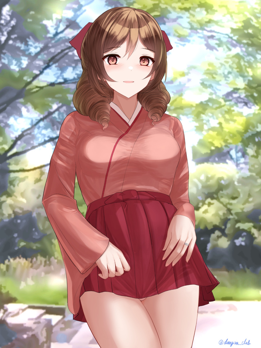 1girl adapted_costume bow brown_hair cowboy_shot dangan_kurabu drill_hair hair_bow hakama hakama_short_skirt hakama_skirt harukaze_(kancolle) highres japanese_clothes kantai_collection kimono medium_hair meiji_schoolgirl_uniform multiple_girls outdoors panties pantyshot pink_kimono red_eyes red_hakama red_skirt skirt solo tree twin_drills underwear