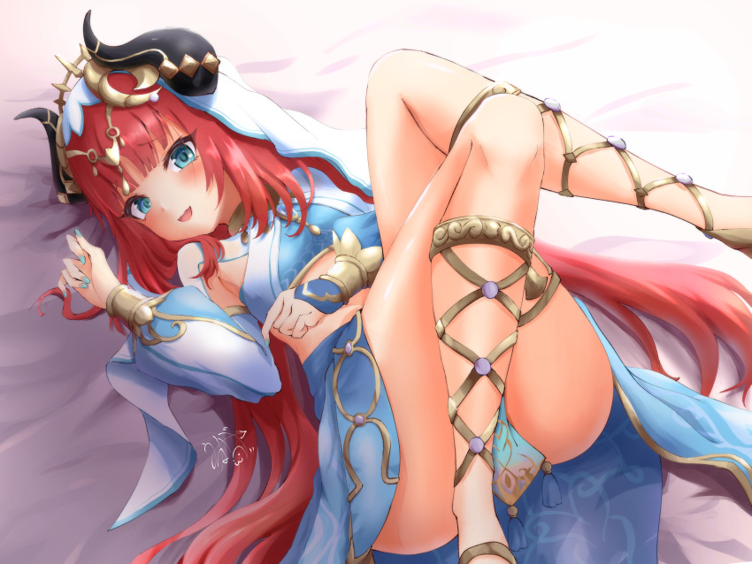 1girl :3 absurdres blue_eyes blue_nails blue_skirt blush breasts detached_sleeves fake_horns genshin_impact gold_choker halterneck harem_outfit highres horns long_hair looking_at_viewer lying midriff nilou_(genshin_impact) open_mouth red_hair shrug_(clothing) skirt small_breasts smile solo unebabu very_long_hair white_veil