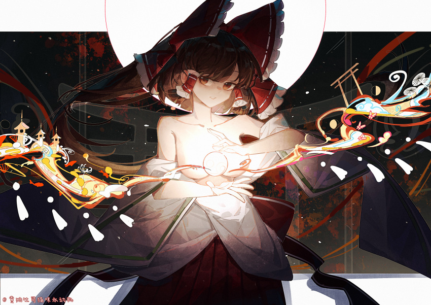 1girl absurdres adapted_costume black_hair bow breasts brown_eyes collarbone hair_bow hair_tubes hakama hakurei_reimu highres huangyou japanese_clothes long_hair medium_breasts miko open_mouth orb red_bow red_hakama sidelocks signature solo touhou wide_sleeves yin_yang yin_yang_orb