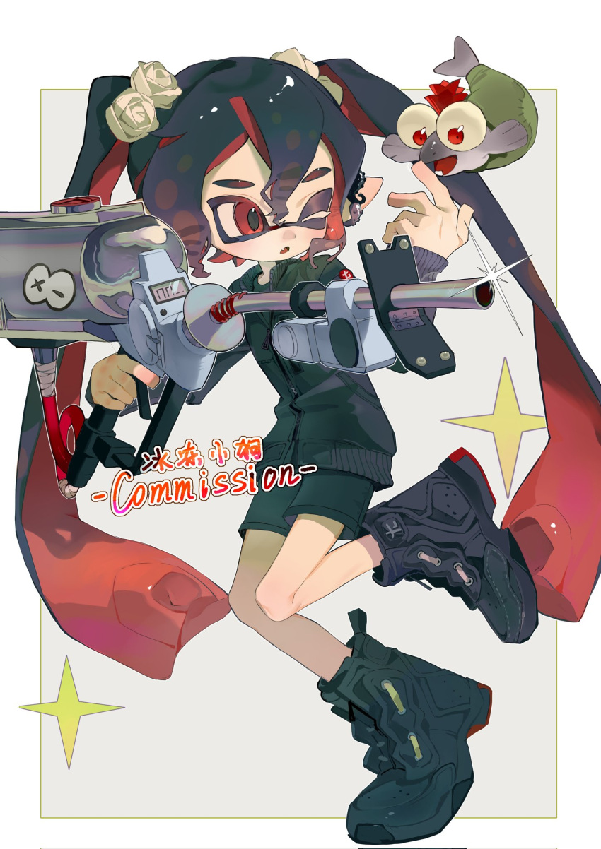 1girl ;o black_footwear black_hair black_jacket black_shirt black_shorts blush boots border commentary_request commission corrupted_twitter_file e-liter_4k_(splatoon) earrings fang flower glint grey_background gun hair_between_eyes hair_flower hair_ornament hand_up highres holding holding_gun holding_weapon inkling inkling_girl jacket jewelry long_hair long_sleeves looking_at_another multicolored_hair one_eye_closed open_mouth outside_border p-pepper pointy_ears red_eyes red_hair shirt short_shorts shorts sidelocks simple_background smallfry_(splatoon) solo sparkle splatoon_(series) star_(symbol) tentacle_hair twintails two-tone_hair very_long_hair weapon white_border white_flower zipper zipper_pull_tab