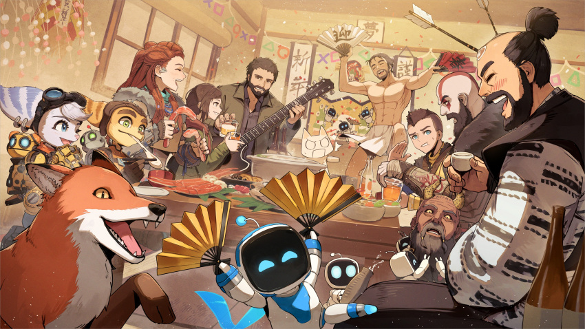 4girls 6+boys absurdres aloy_(horizon) astro_bot_(series) atreus beard captain_astro chopsticks clank commentary company_connection confetti crab crossover doko_demo_issho eating ellie_(the_last_of_us) facial_hair father_and_son food fox fundoshi ghost_of_tsushima god_of_war goggles goggles_on_head hand_fan highres horizon_zero_dawn horns inoue_toro ishikawa_sadanobu japanese_clothes joel_(the_last_of_us) kit_(ratchet_&amp;_clank) kratos kuroi_susumu loincloth mimir mochi multiple_boys multiple_crossover multiple_girls official_art playstation_symbols ratchet_&amp;_clank ratchet_&amp;_clank:_rift_apart ratchet_(ratchet_&amp;_clank) rivet_(ratchet_&amp;_clank) robot sakai_jin second-party_source sony table the_last_of_us