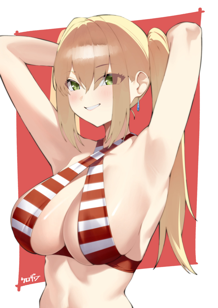 1girl absurdres armpits arms_behind_head bikini blonde_hair breasts cleavage criss-cross_halter drop_earrings earrings fate/grand_order fate_(series) green_eyes halterneck highres jewelry kurozawa_yui large_breasts long_hair looking_at_viewer nero_claudius_(fate) nero_claudius_(swimsuit_caster)_(fate) parted_lips red_background red_bikini signature smile solo striped_bikini striped_clothes swimsuit twintails two-tone_background upper_body white_background