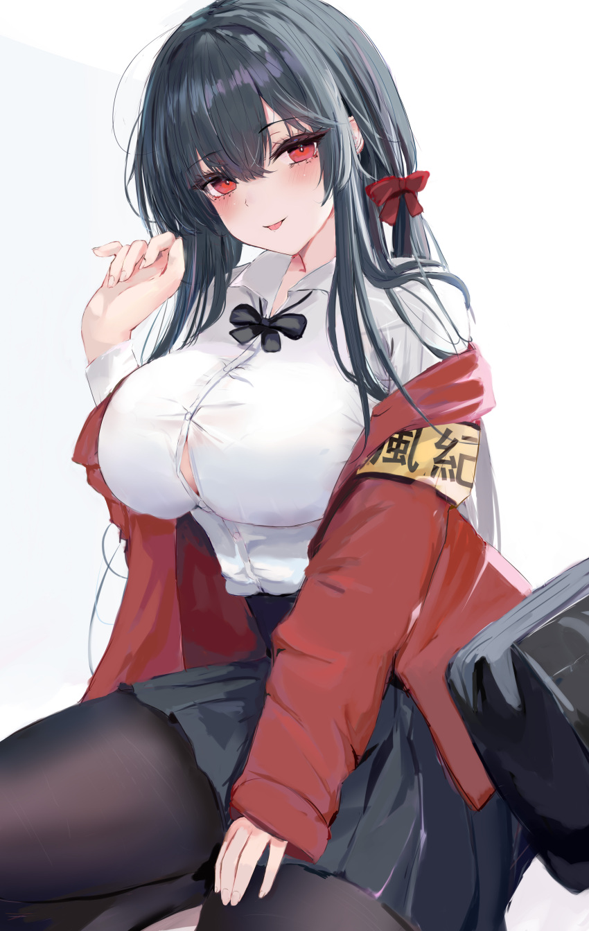 1girl absurdres armband azur_lane bag black_bow black_bowtie black_hair black_pantyhose black_skirt blush bow bowtie breasts brown_pantyhose button_gap collared_shirt commentary_request hair_between_eyes hair_bow hand_up highres jacket large_breasts long_hair long_sleeves looking_at_viewer loose_bowtie lshiki off_shoulder official_alternate_costume pantyhose parted_lips pleated_skirt red_bow red_eyes red_jacket revision school_bag school_uniform shirt shirt_tucked_in shoulder_bag skirt sleeveless sleeveless_shirt smile solo taihou_(azur_lane) taihou_(sweet_time_after_school)_(azur_lane) white_shirt yellow_armband
