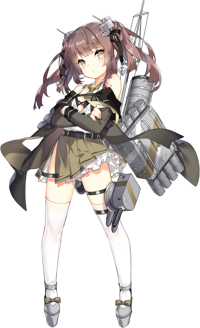 1girl anchor_ornament artist_request black_surge_night brown_eyes brown_hair closed_mouth crossed_arms full_body green_skirt green_sleeves highres kitakami_(black_surge_night) long_hair long_sleeves machinery off_shoulder official_art rigging shirt sidelocks skirt smokestack solo thigh_strap thighhighs third-party_source torpedo_launcher transparent_background turret twintails white_shirt white_thighhighs