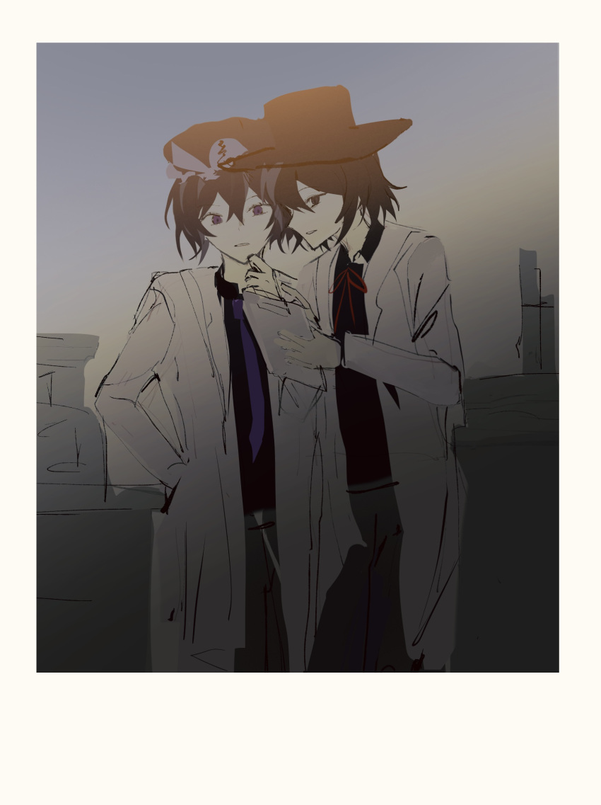 2others androgynous black_eyes black_hair black_headwear black_shirt chinese_commentary clipboard collared_shirt commentary_request enraku_tsubakura grey_pants hair_between_eyes hand_in_pocket hat highres holding holding_clipboard lab_coat len'en long_sleeves multiple_others neck necktie open_clothes other_focus pants purple_eyes purple_necktie red_ribbon ribbon shirt shitodo_kuroji short_hair sketch zhou_yu_chu_xie