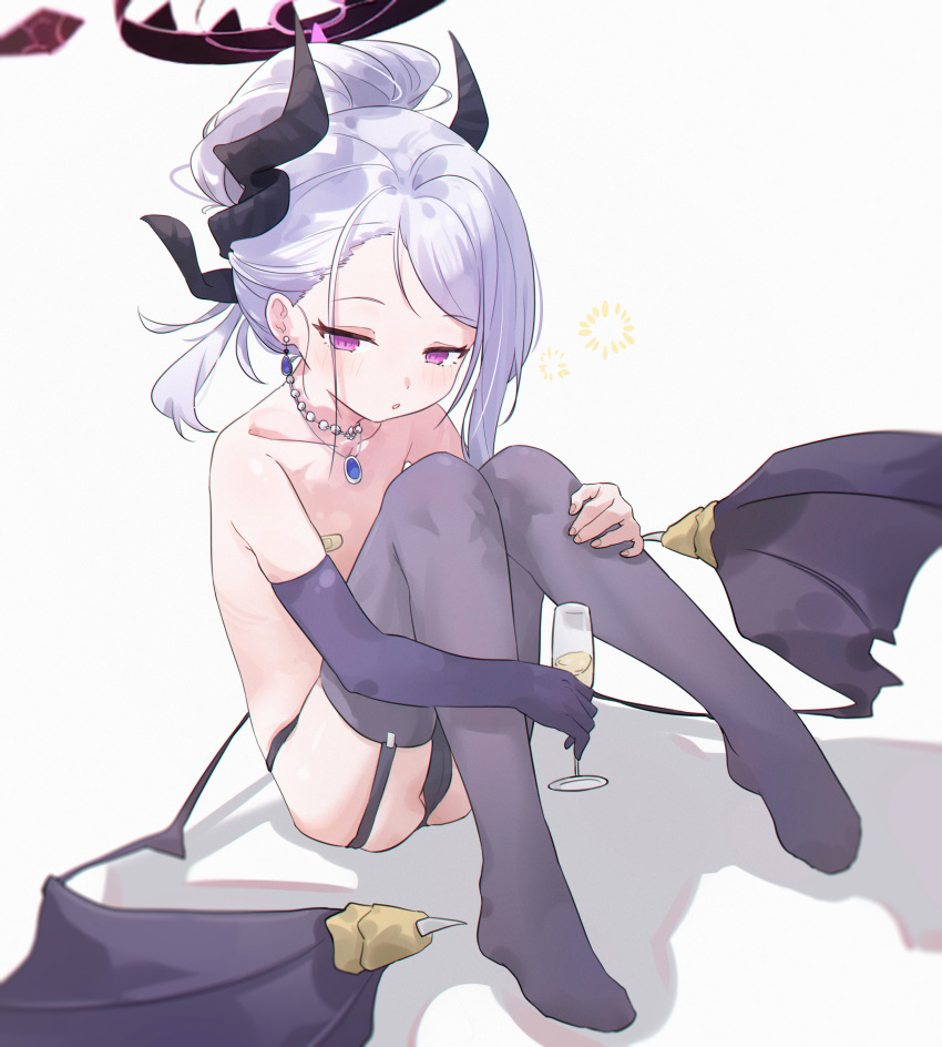 1girl absurdres bandaid bandaids_on_nipples black_horns black_thighhighs black_wings blue_archive blush chromatic_aberration collarbone commentary cup dangle_earrings demon_horns demon_wings earrings flat_chest grey_hair highres hina_(blue_archive) hina_(dress)_(blue_archive) horns jewelry long_hair looking_at_viewer multiple_horns necklace official_alternate_costume official_alternate_hairstyle parted_lips pasties pendant purple_eyes simple_background solo thighhighs white_background wings xsan